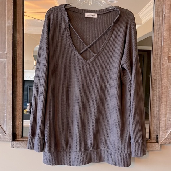 B Original Roomie Oversized Waffle Shirt Brown Comfy Plunge Neck Womens Large - Picture 1 of 9